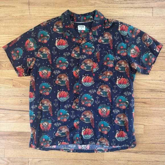 Hurley Other - Hurley Mens XL Navy Blue Nautical Tattoo Print Short Sleeve Button Down Shirt